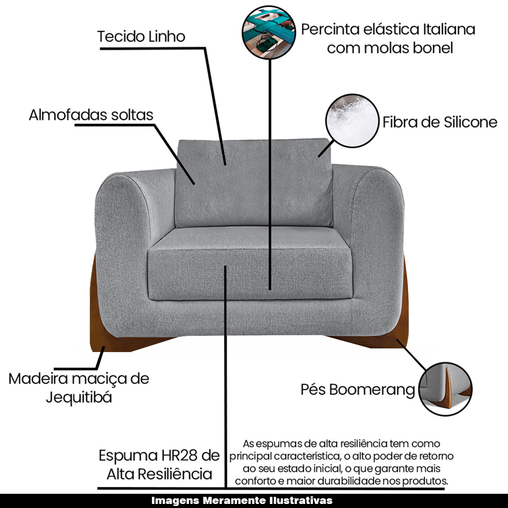 Poltrona Sala de Estar Pés em Madeira Buzz Linho Cinza G63 - Gran Belo