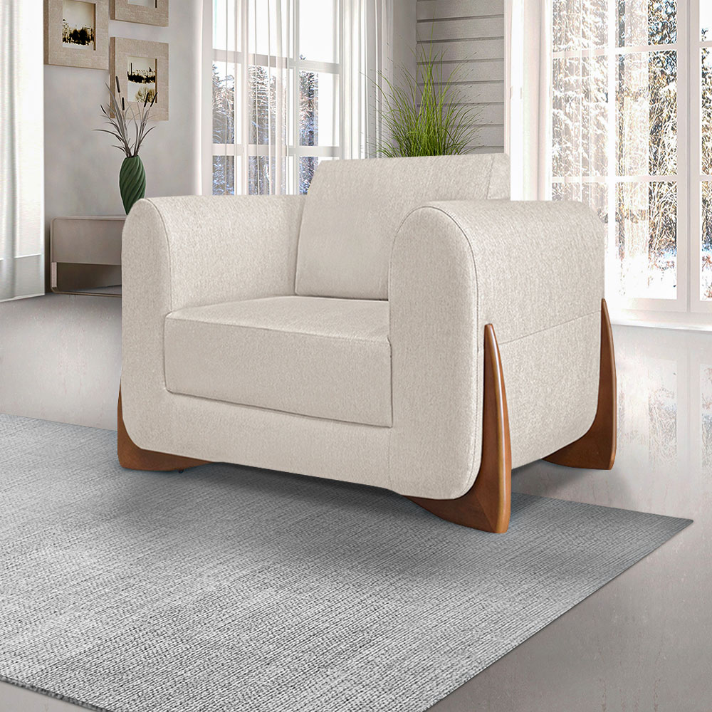 Poltrona Sala de Estar Pés em Madeira Buzz Linho Pérola G63 - Gran Belo