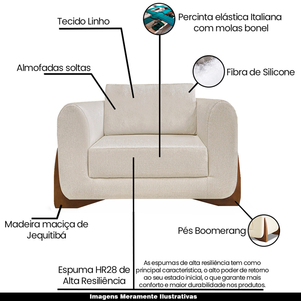 Poltrona Sala de Estar Pés em Madeira Buzz Linho Pérola G63 - Gran Belo
