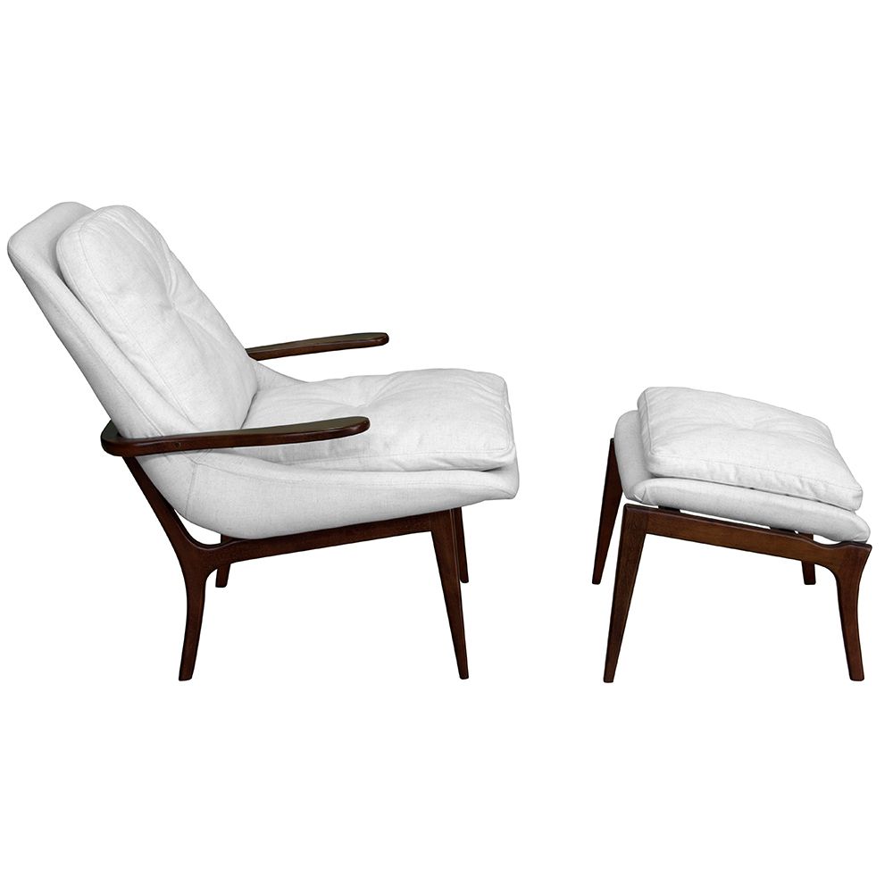 Poltrona com Puff Cintia Pés Madeira Linho Palha G38 - Gran Belo