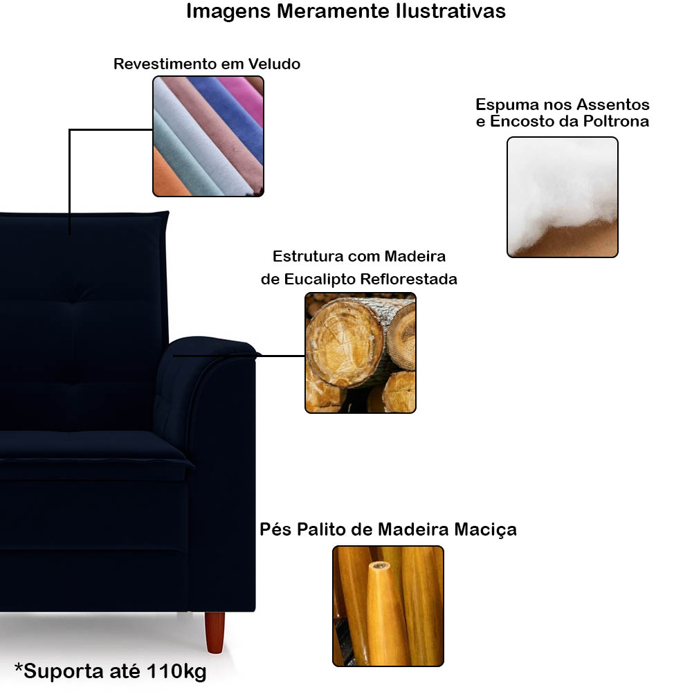 Poltrona da Mamãe Sala de estar Gracy com Pés Palito Veludo Azul Marinho G85 - Gran Belo