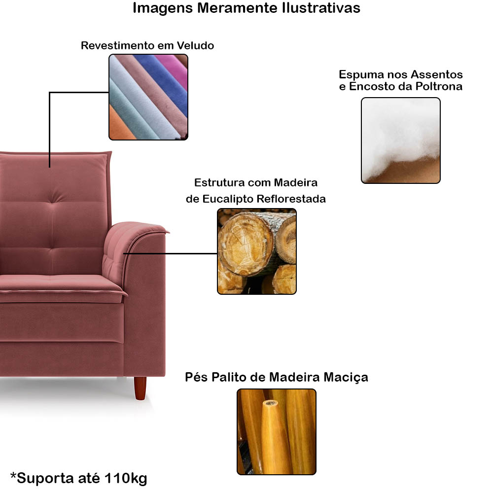 Poltrona da Mamãe Sala de estar Gracy com Pés Palito Veludo Rosa G85 - Gran Belo
