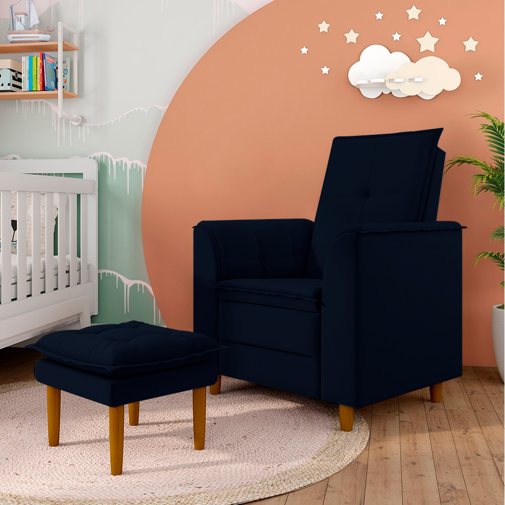 Poltrona de Amamentação Quarto de Bebê Gracy com Puff Pés Palito Veludo Azul Marinho G85 - Gran Belo