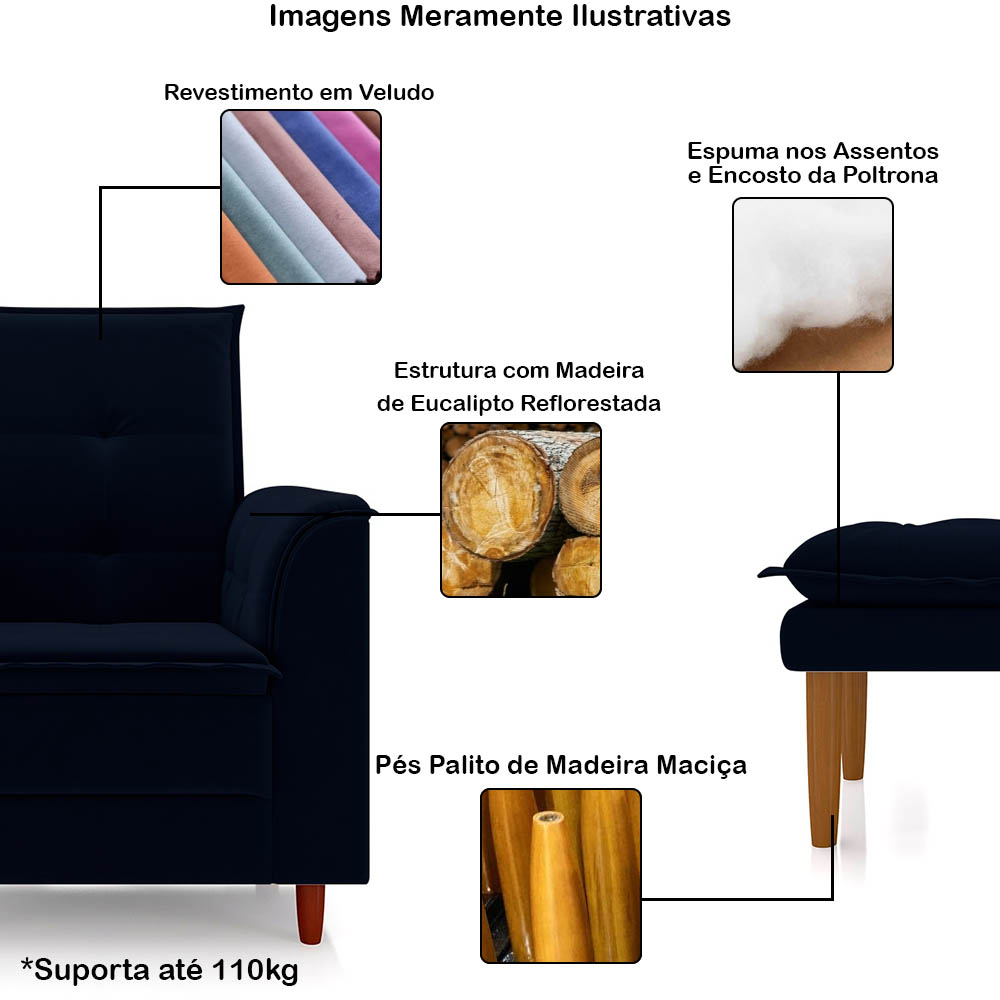 Poltrona de Amamentação Quarto de Bebê Gracy com Puff Pés Palito Veludo Azul Marinho G85 - Gran Belo