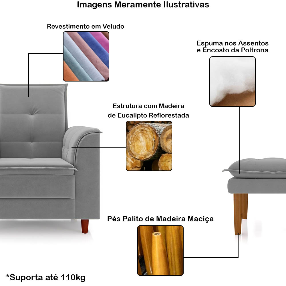 Poltrona de Amamentação Quarto de Bebê Gracy com Puff Pés Palito Veludo Cinza G85 - Gran Belo