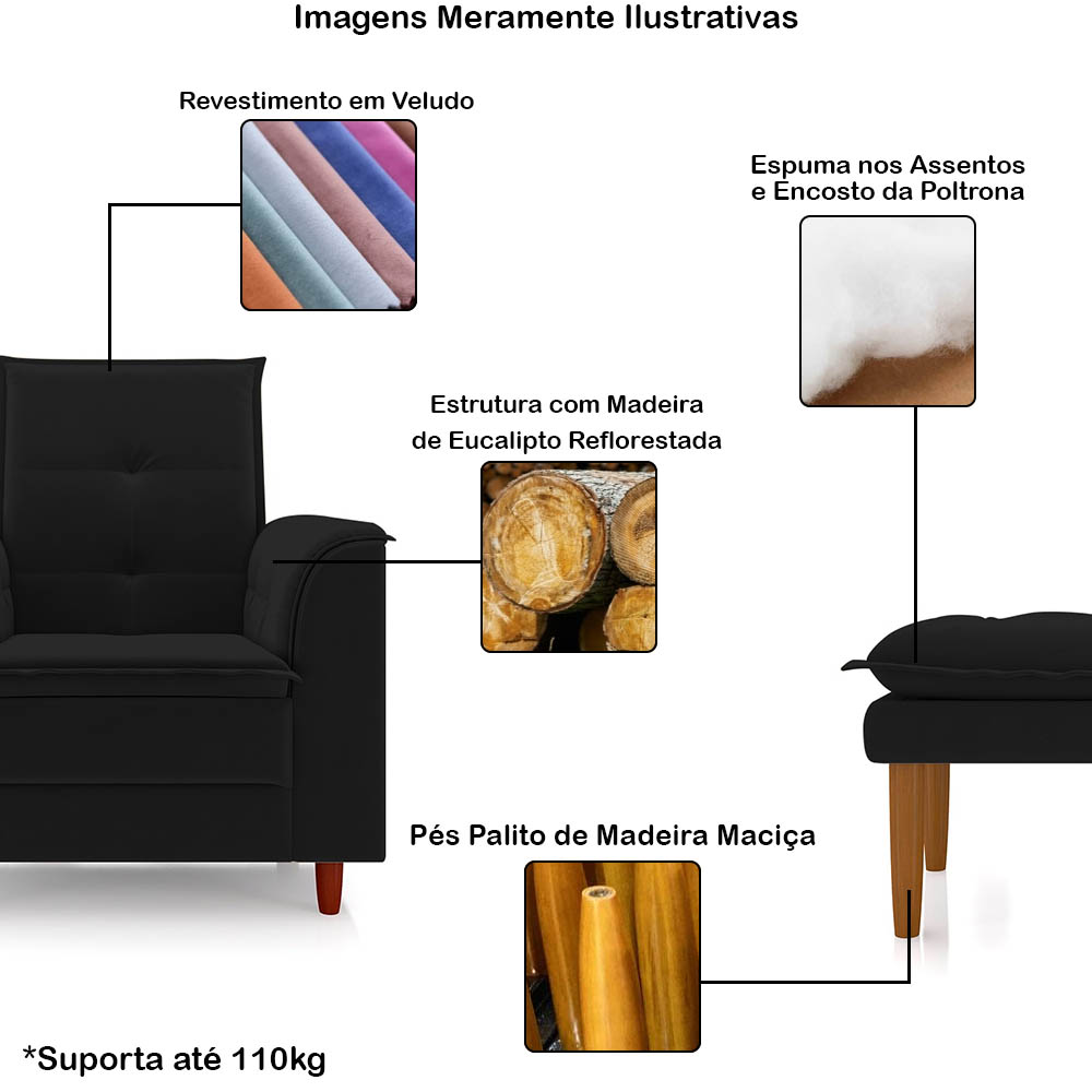 Poltrona de Amamentação Quarto de Bebê Gracy com Puff Pés Palito Veludo Preto G85 - Gran Belo