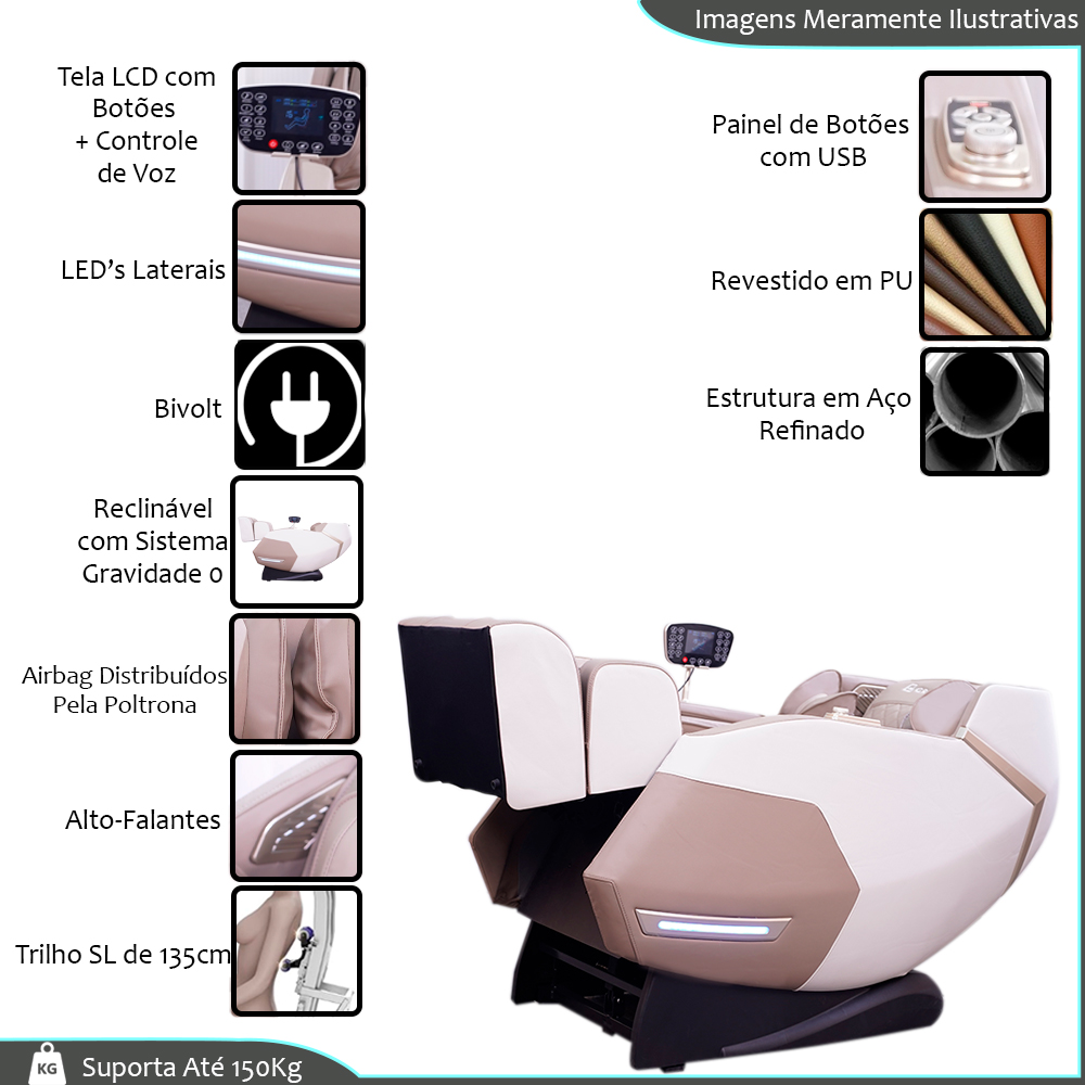 Poltrona de Massagem Elétrica 3D Marvin Reclinação Gravidade Zero Tela LCD PU Bege G94 - Gran Belo