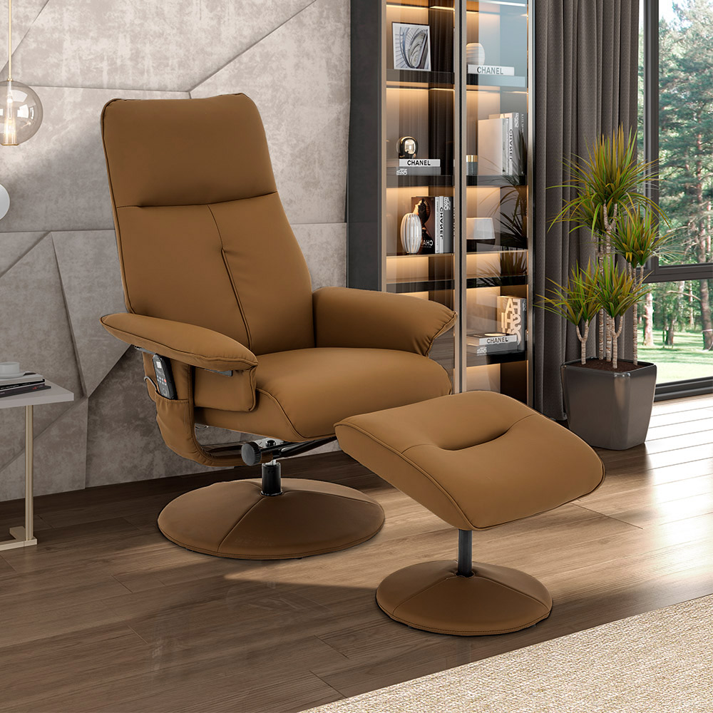 Poltrona de Massagem Reclinável Arizona Giratória com Puff para os Pés Pu Caramelo G56 - Gran Belo