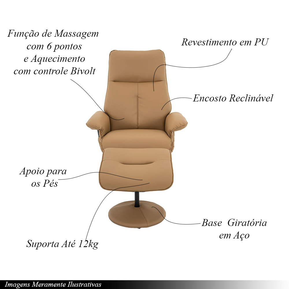 Poltrona de Massagem Reclinável e Giratória Arizona com Apoio de Pés Pu Caramelo G56 - Gran Belo