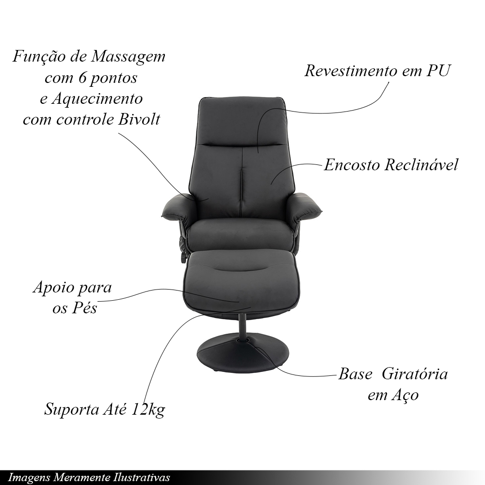 Poltrona de Massagem Reclinável e Giratória Arizona com Apoio de Pés Pu Preto G56 - Gran Belo