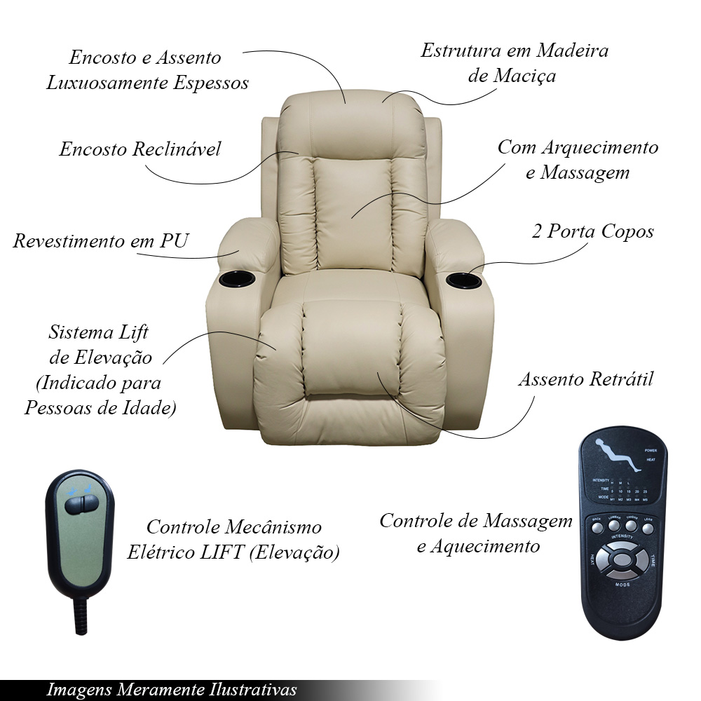 Poltrona do Papai Austin com Elevação Lift 150º Massagem Aquecimento PU Bege G31 - Gran Belo