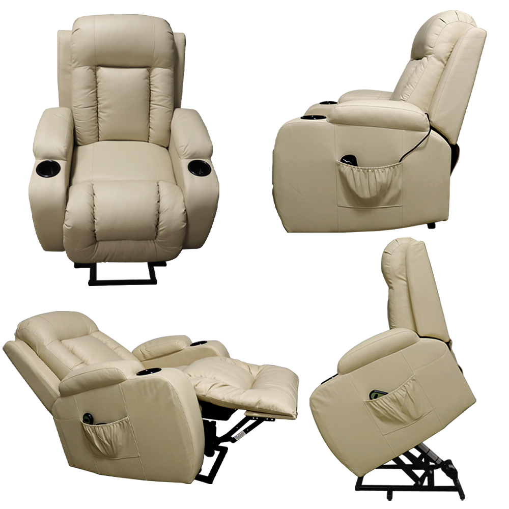 Poltrona do Papai Austin com Elevação Lift 150º Massagem Aquecimento PU Bege G31 - Gran Belo