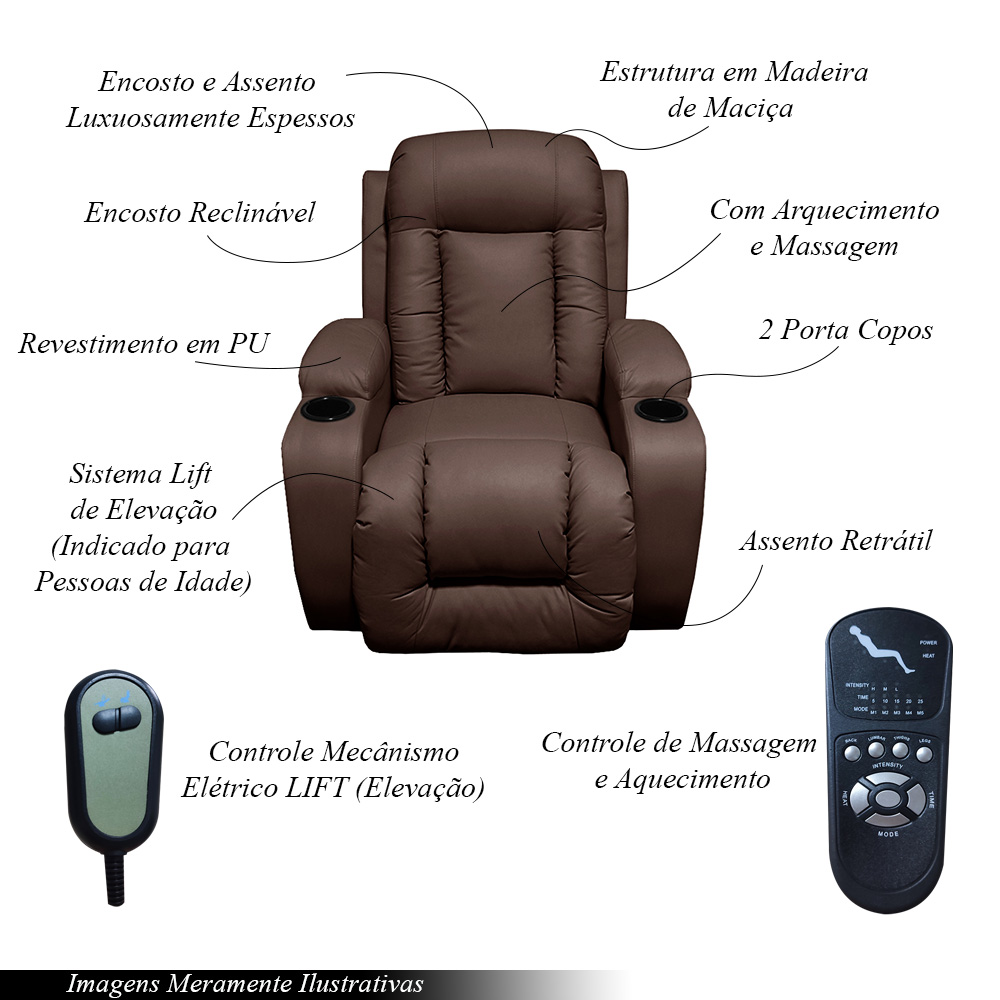 Poltrona do Papai Austin com Elevação Lift 150º Massagem Aquecimento PU Marrom Chocolate G31 - Gran Belo