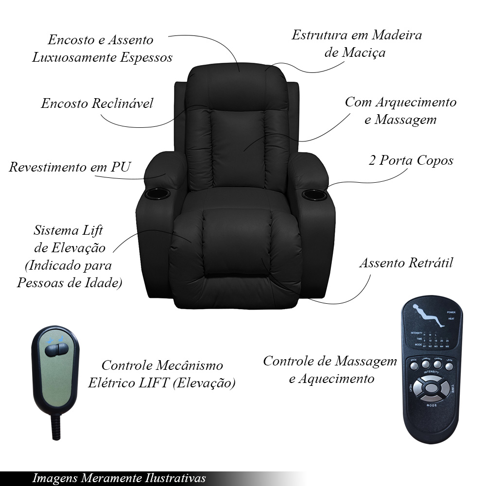 Poltrona do Papai Austin com Elevação Lift 150º Massagem Aquecimento PU Preto G31 - Gran Belo