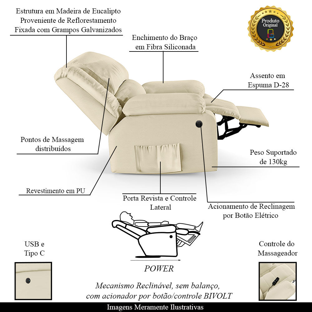 Poltrona do Papai Descanso Reclinável Sala de Cinema Madrid Power Elétrica Massagem USB PU Bege G23