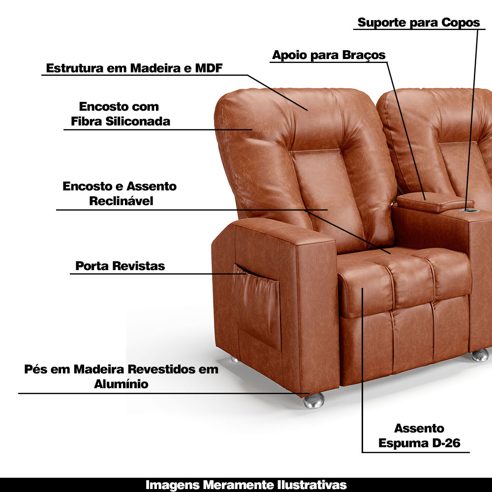 Poltrona do Papai Reclinável 2 Lugares Sala de Cinema Pequim Manual PU Camel G23 - Gran Belo