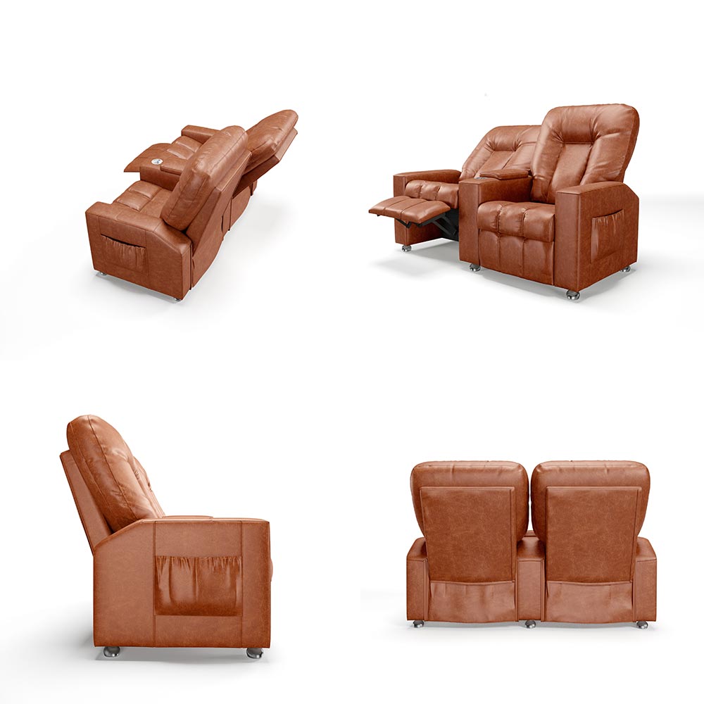 Poltrona do Papai Reclinável 2 Lugares Sala de Cinema Pequim Manual PU Camel G23 - Gran Belo