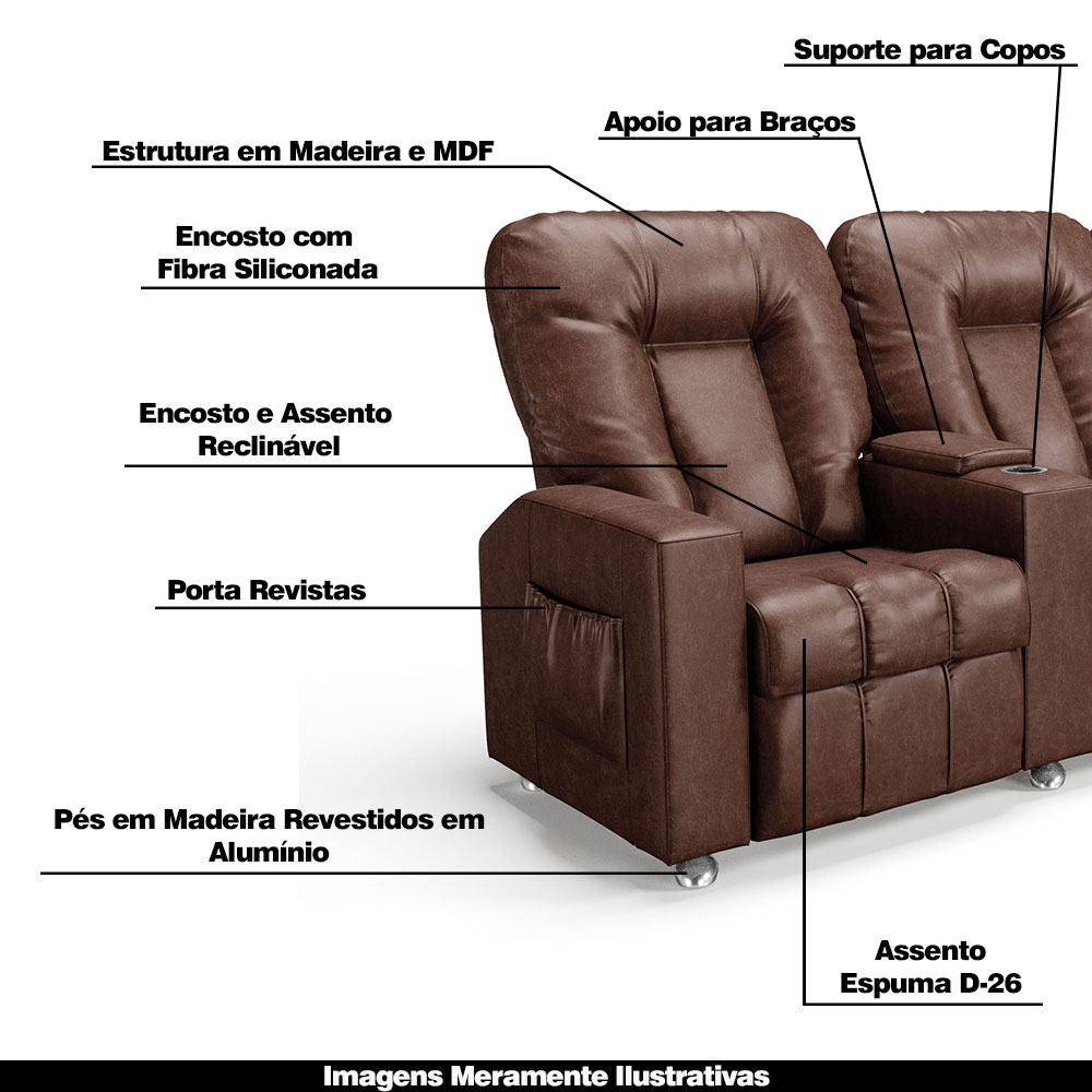 Poltrona do Papai Reclinável 2 Lugares Sala de Cinema Pequim Manual PU Marrom G23 - Gran Belo
