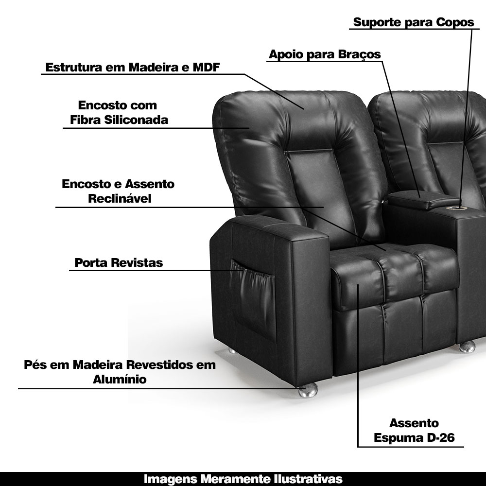 Poltrona do Papai Reclinável 2 Lugares Sala de Cinema Pequim Manual PU Preto G23 - Gran Belo
