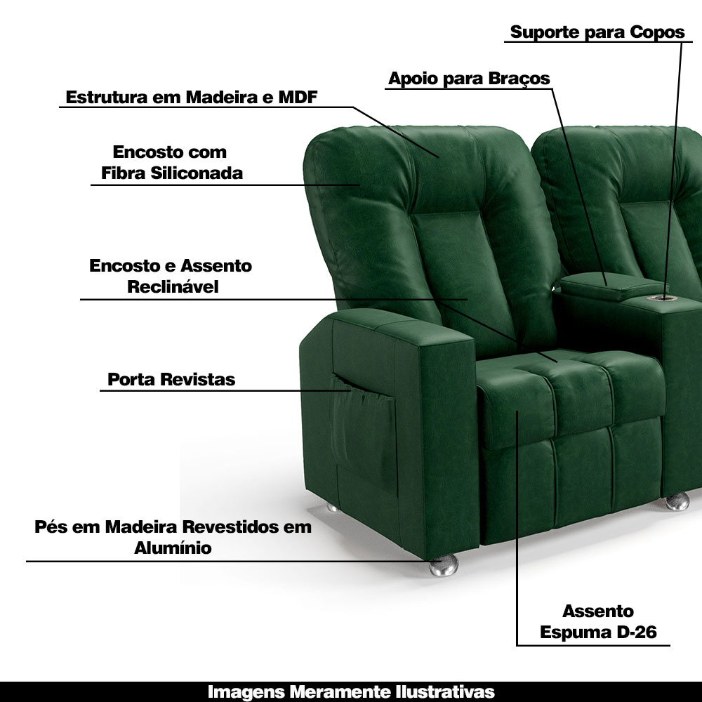 Poltrona do Papai Reclinável 2 Lugares Sala de Cinema Pequim Manual PU Verde G23 - Gran Belo