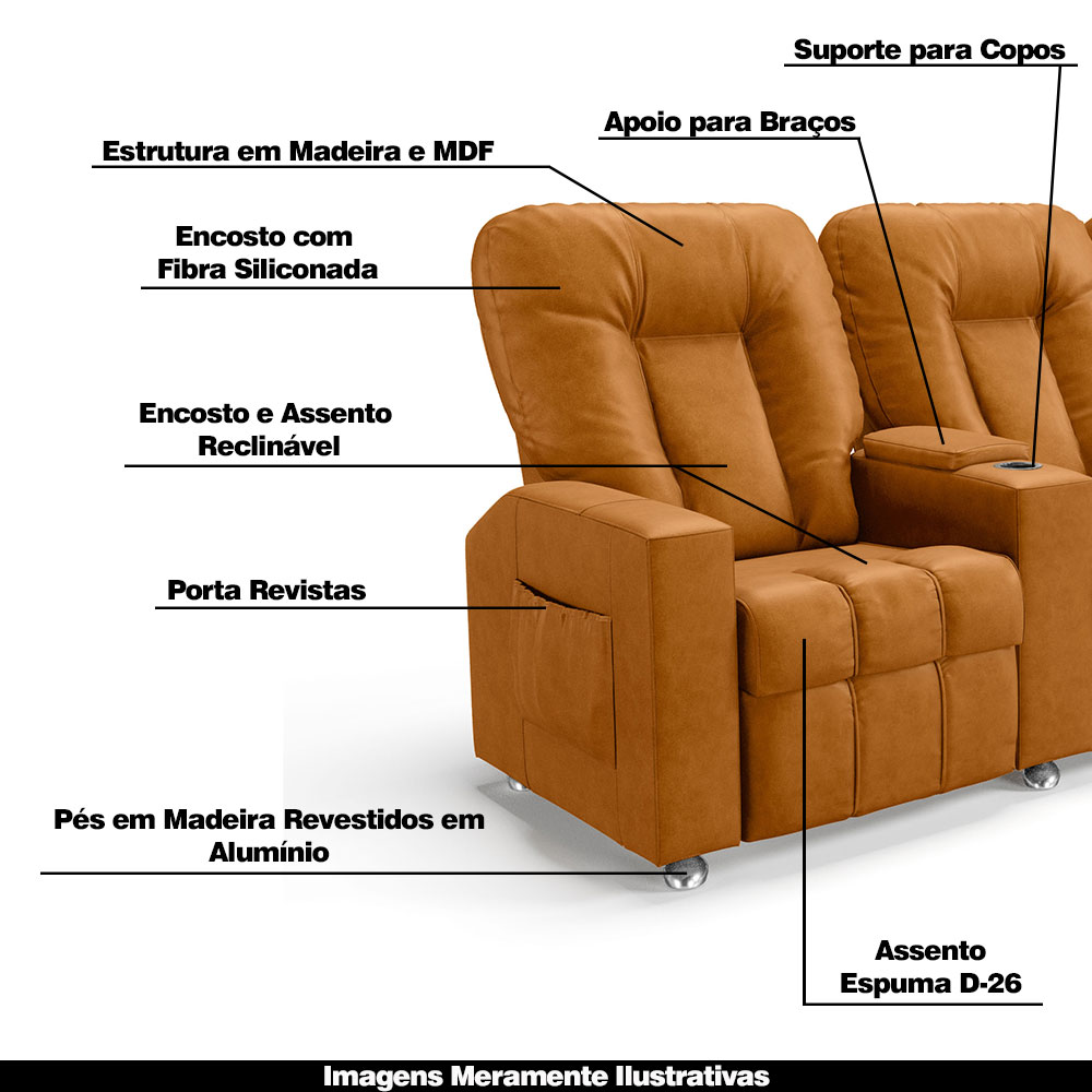Poltrona do Papai Reclinável 2 Lugares Sala de Cinema Pequim Manual PU Whisky G23 - Gran Belo