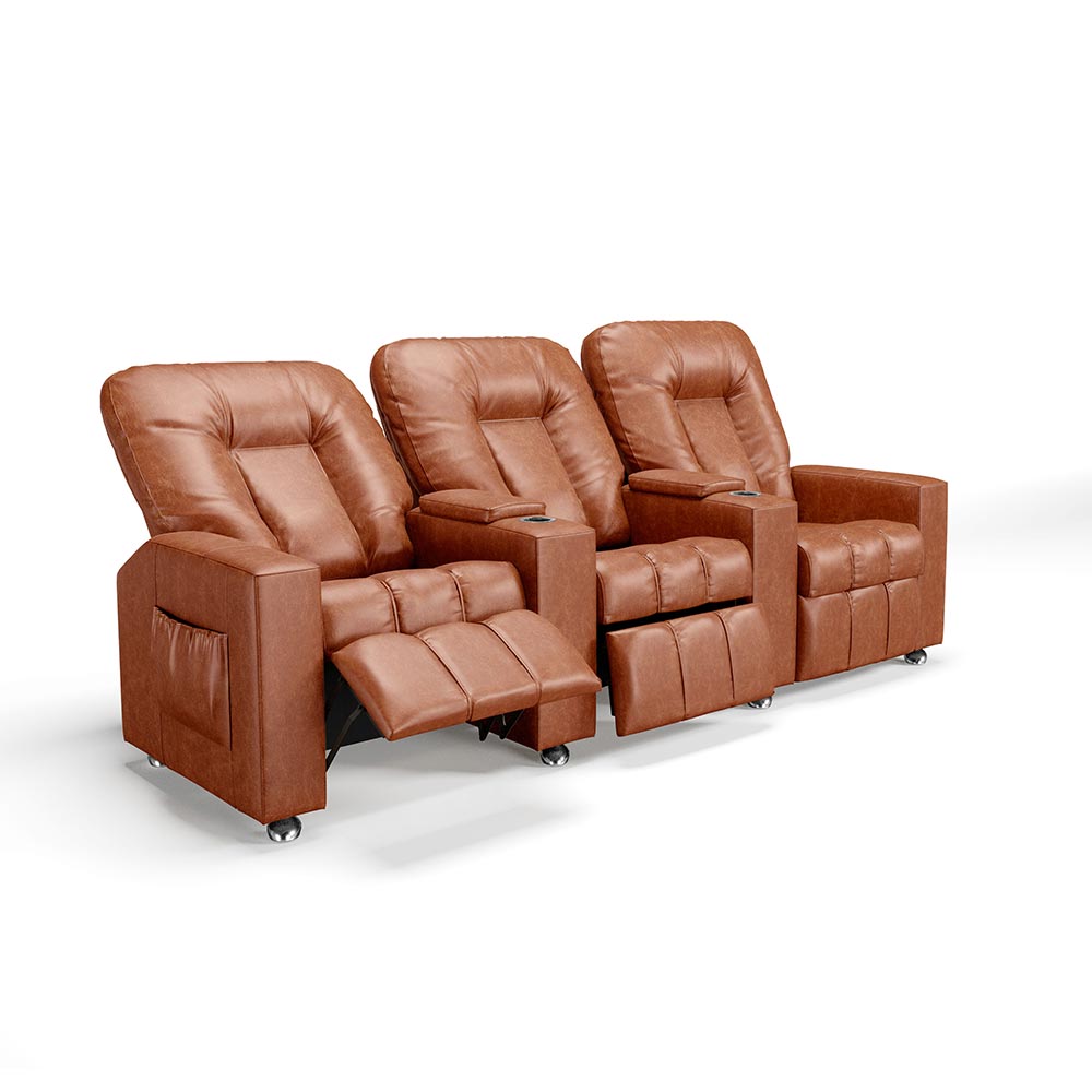 Poltrona do Papai Reclinável 3 Lugares Sala de Cinema Pequim Manual PU Camel G23 - Gran Belo
