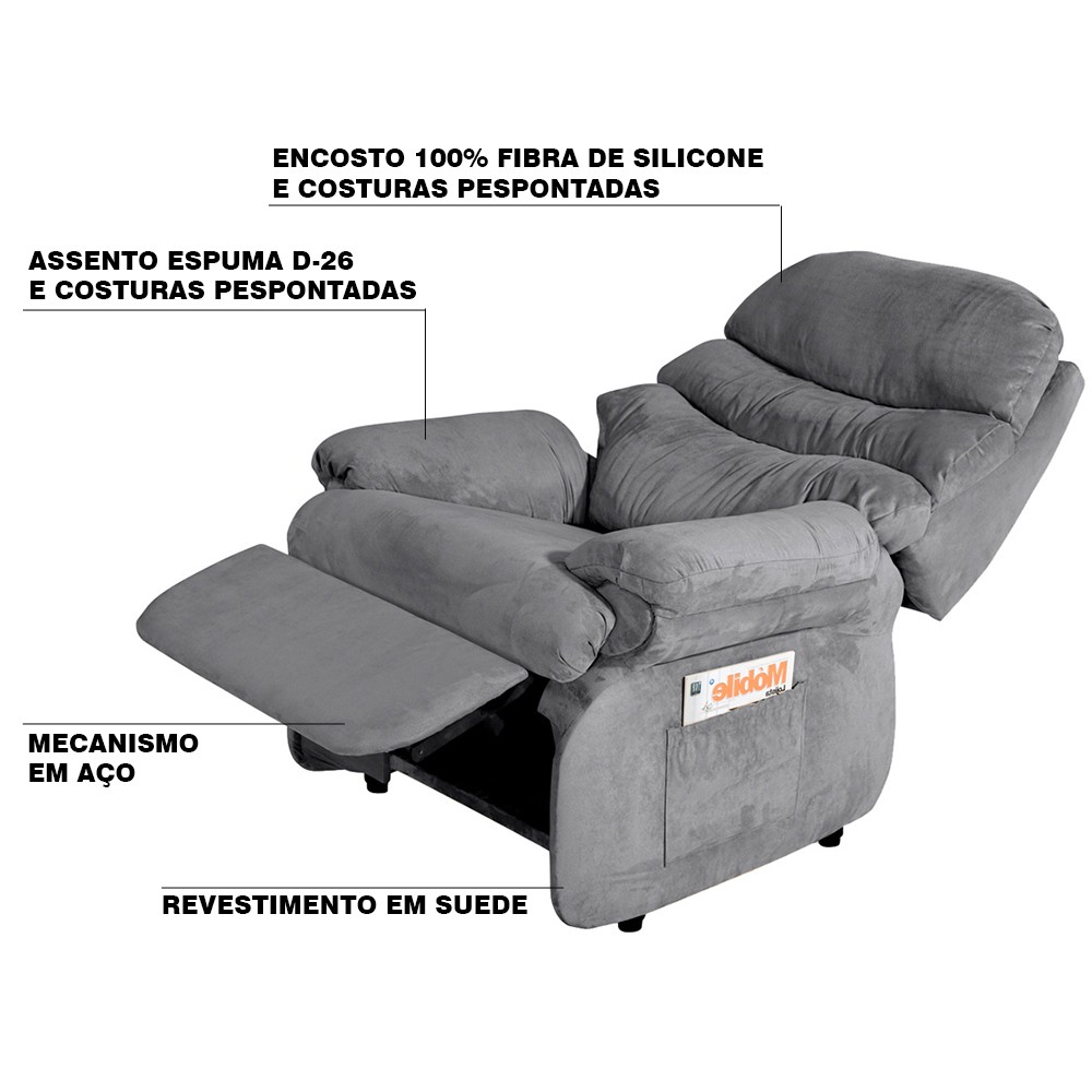 Poltrona do Papai Reclinável Debby Suede Cinza G30 - Gran Belo