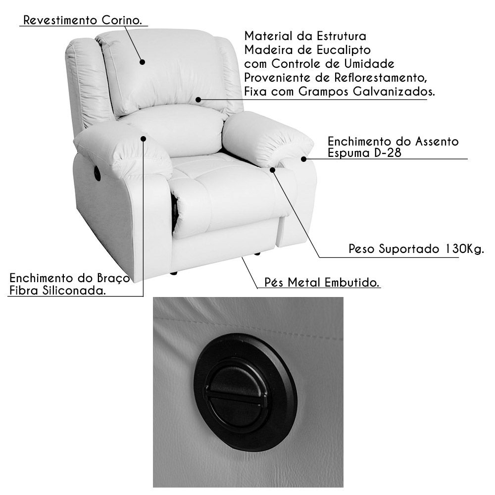 Poltrona do Papai Reclinável Elétrica Magnum PU Sintético Branco - Gran Belo