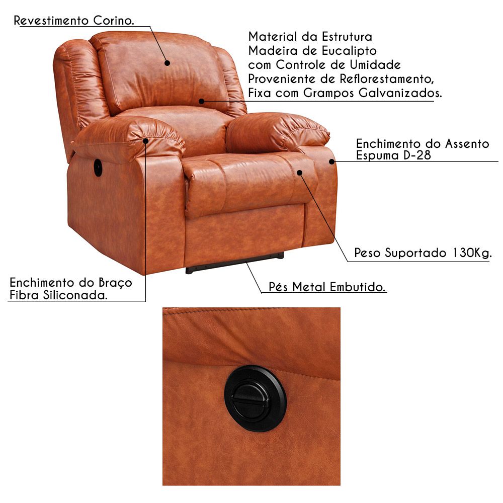 Poltrona do Papai Reclinável Elétrica Magnum PU Sintético Caramelo G23 - Gran Belo