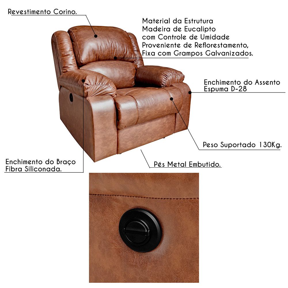 Poltrona do Papai Reclinável Elétrica Magnum PU Sintético Marrom G23 - Gran Belo