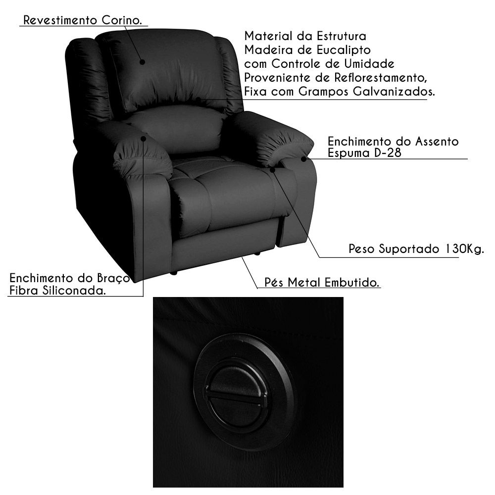 Poltrona do Papai Reclinável Elétrica Magnum PU Sintético Preto G23 - Gran Belo