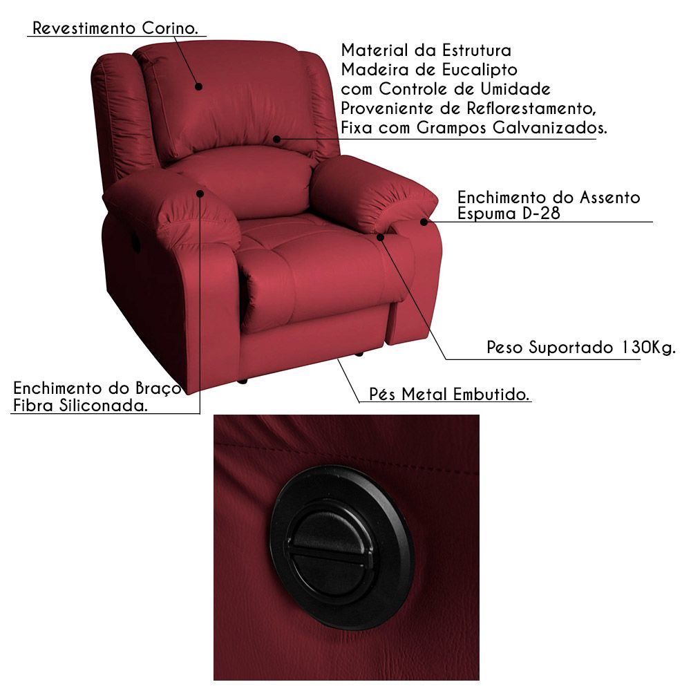 Poltrona do Papai Reclinável Elétrica Magnum PU Sintético Vermelho - Gran Belo