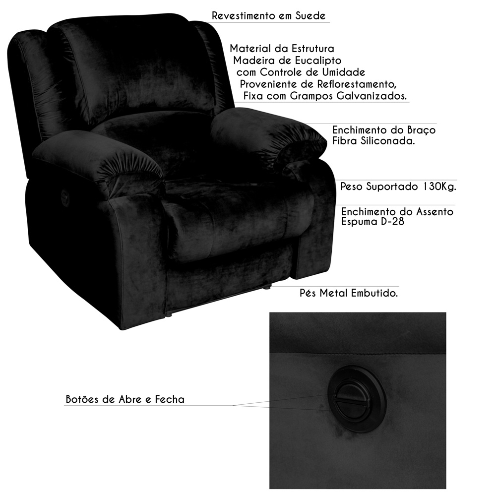 Poltrona do Papai Reclinável Elétrica Magnum Veludo Preto G23 - Gran Belo
