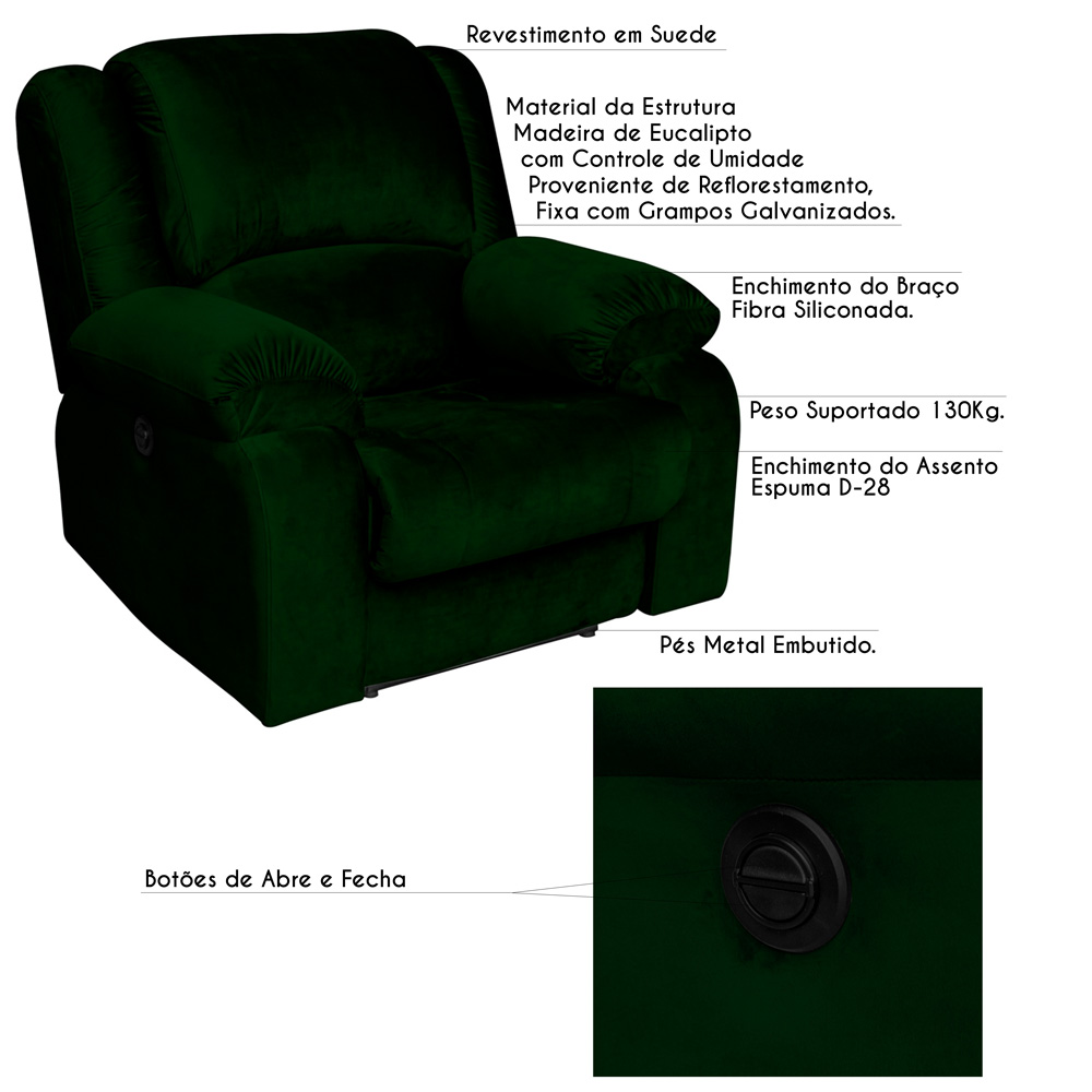 Poltrona do Papai Reclinável Elétrica Magnum Veludo Verde G23 - Gran Belo