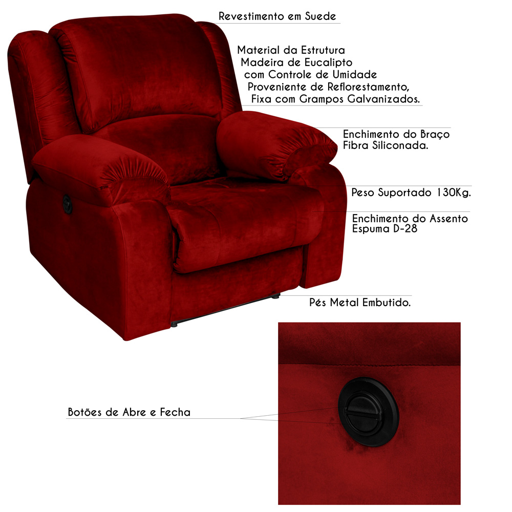 Poltrona do Papai Reclinável Elétrica Magnum Veludo Vermelho G23 - Gran Belo