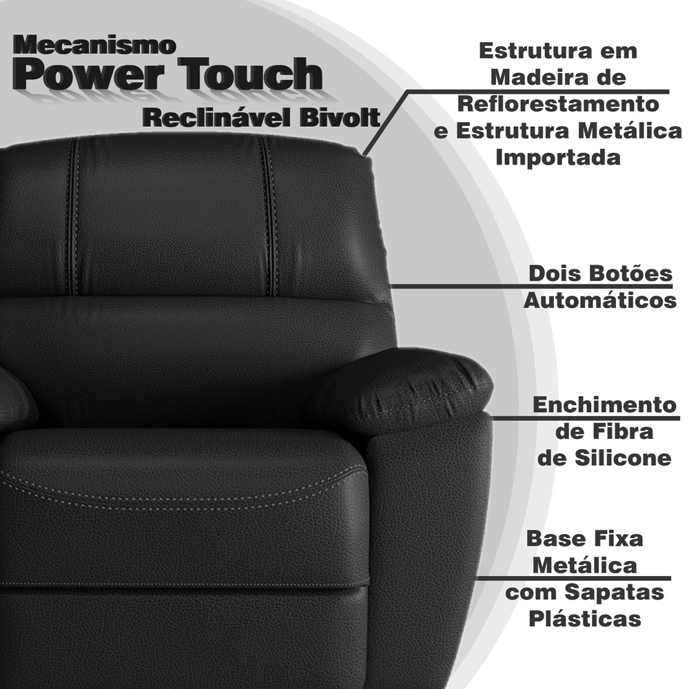 Poltrona do Papai Reclinável Elétrica Power Touch Armênia Couro Preto G40 - Gran Belo