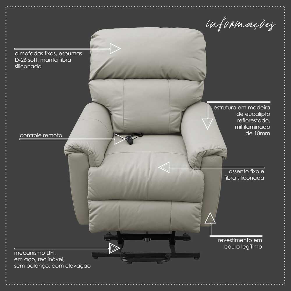 Poltrona do Papai Reclinável Elétrica com Controle Kyoto Lift Couro Off White G43 - Gran Belo