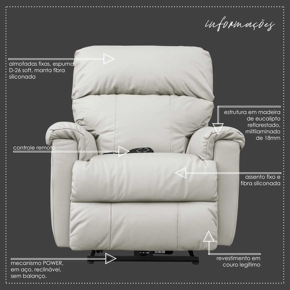 Poltrona do Papai Reclinável Elétrica com Controle Kyoto Power Couro Off White G43 - Gran Belo