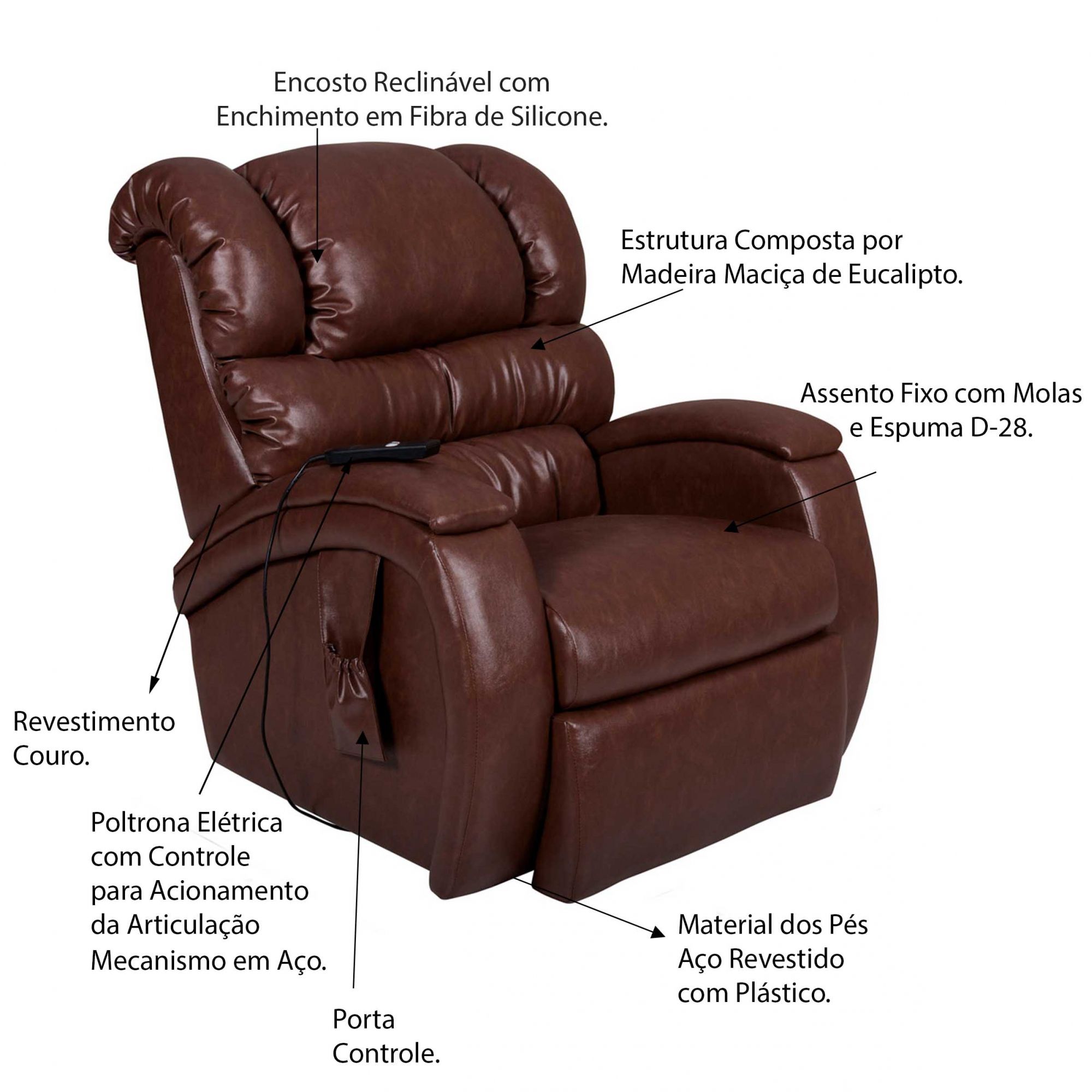 Poltrona do Papai Reclinável Elétrica com Controle Sala de Estar Oasis PU Sintético Marrom Brilho G23 - Gran Belo