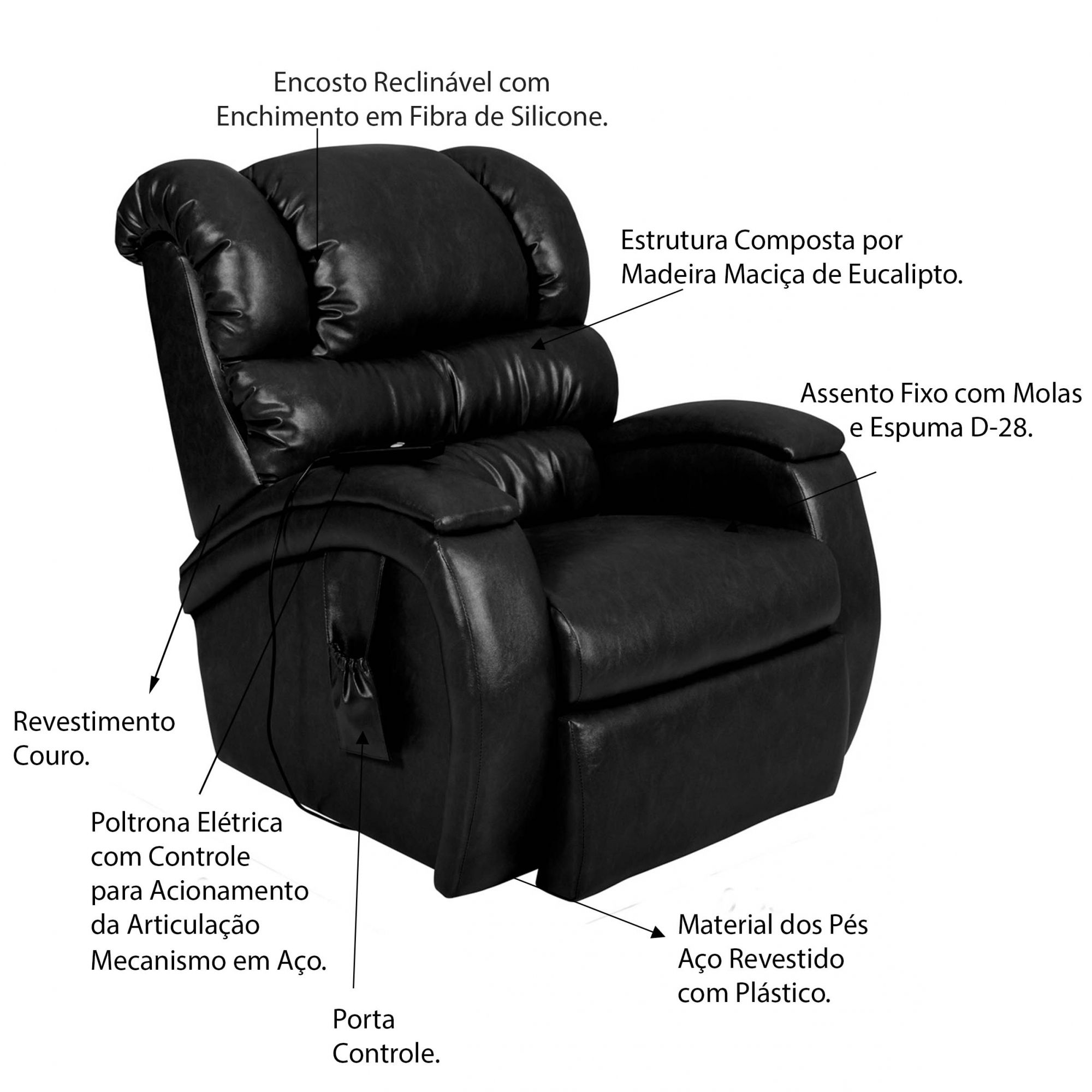 Poltrona do Papai Reclinável Elétrica com Controle Sala de Estar Oasis PU Sintético Preto Brilho G23 - Gran Belo