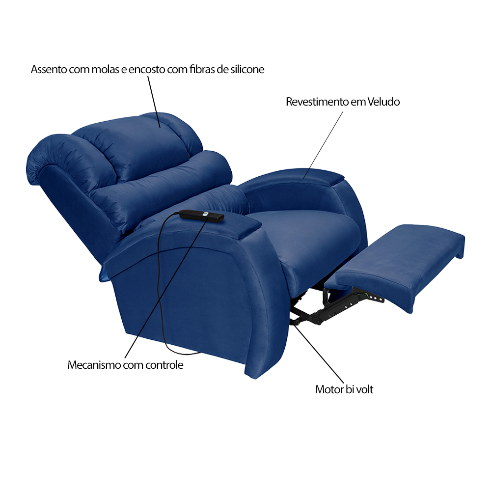 Poltrona do Papai Reclinável Elétrica com Controle Sala de Estar Oasis Veludo Azul G23 - Gran Belo