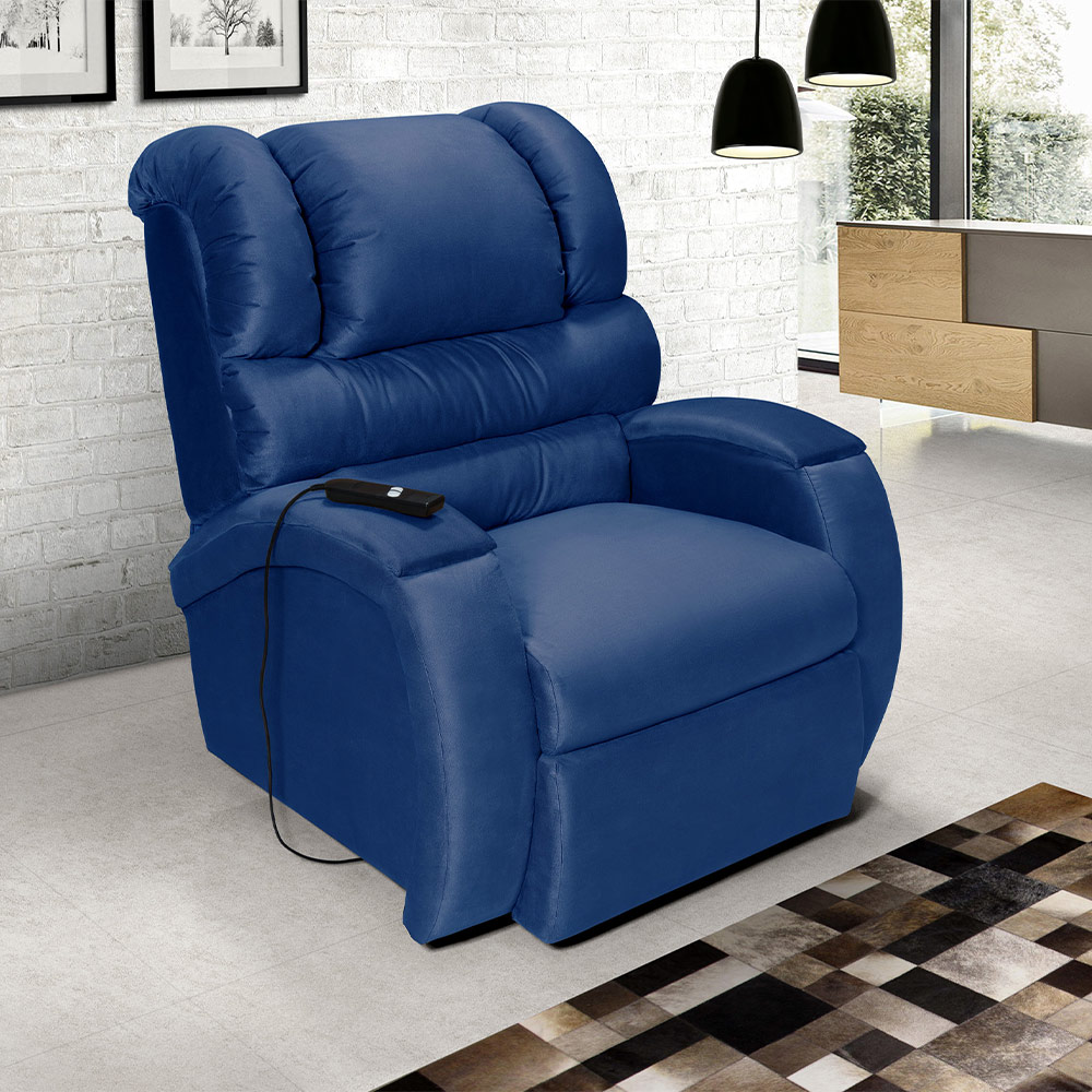 Poltrona do Papai Reclinável Elétrica com Controle Sala de Estar Oasis Veludo Azul G23 - Gran Belo