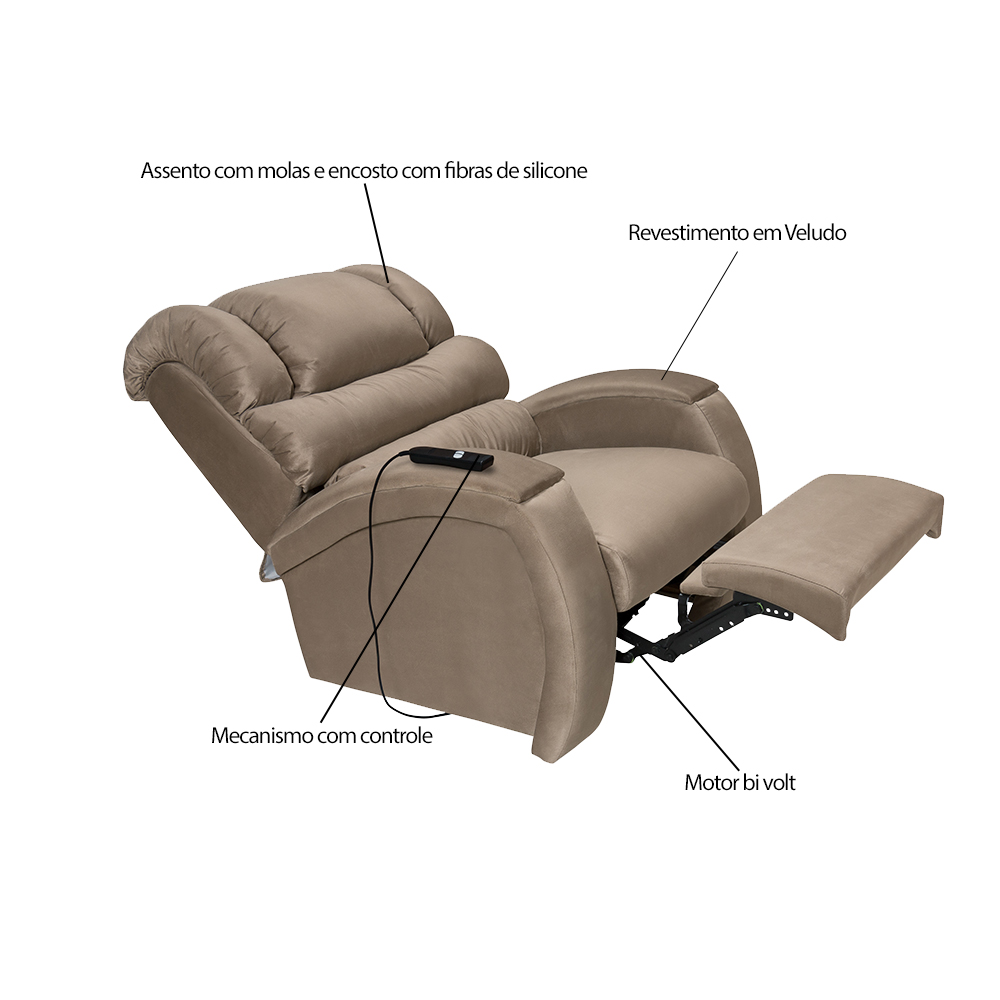 Poltrona do Papai Reclinável Elétrica com Controle Sala de Estar Oasis Veludo Nude G23 - Gran Belo