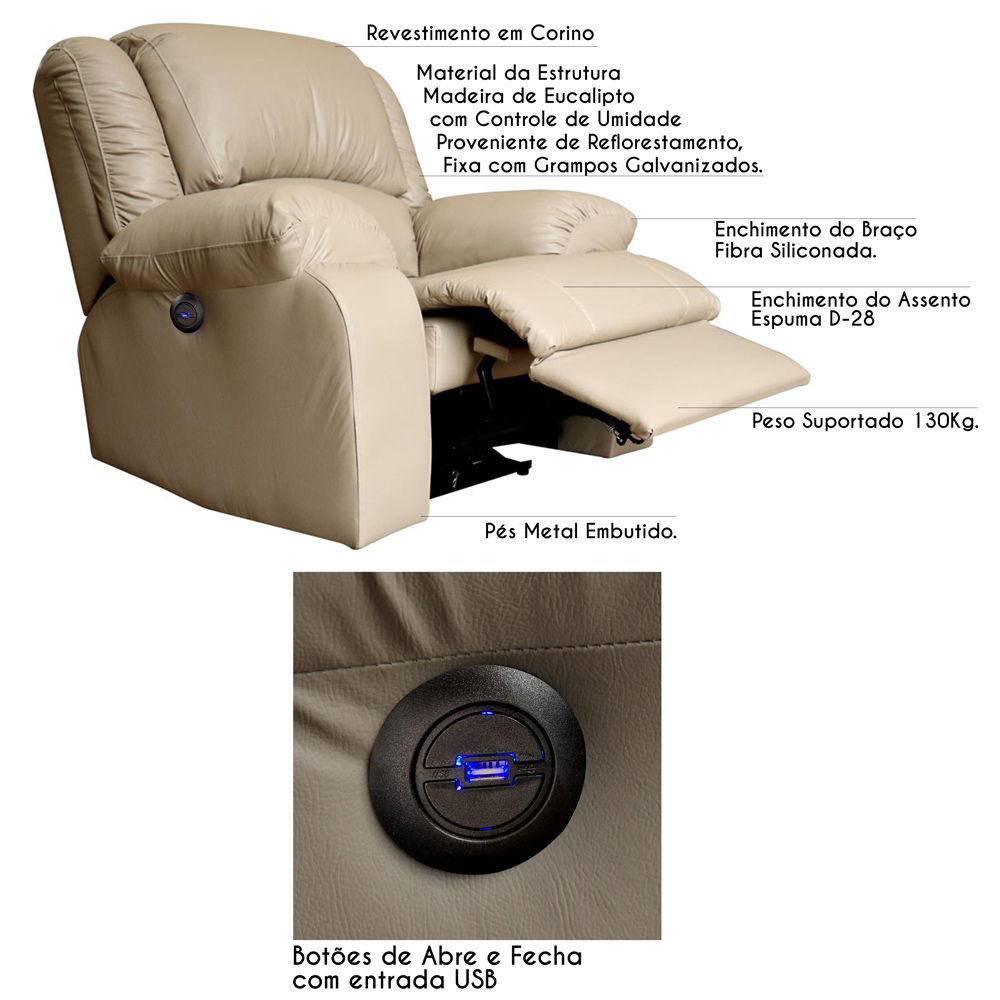 Poltrona do Papai Reclinável Elétrica com Entrada USB Magnum PU Sintético Bege G23 - Gran Belo