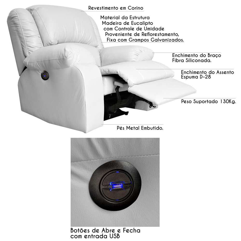 Poltrona do Papai Reclinável Elétrica com Entrada USB Magnum PU Sintético Branco G23 - Gran Belo
