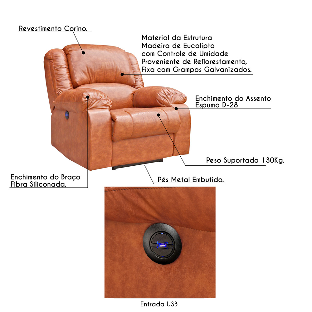 Poltrona do Papai Reclinável Elétrica com Entrada USB Magnum PU Sintético Caramelo G23 - Gran Belo