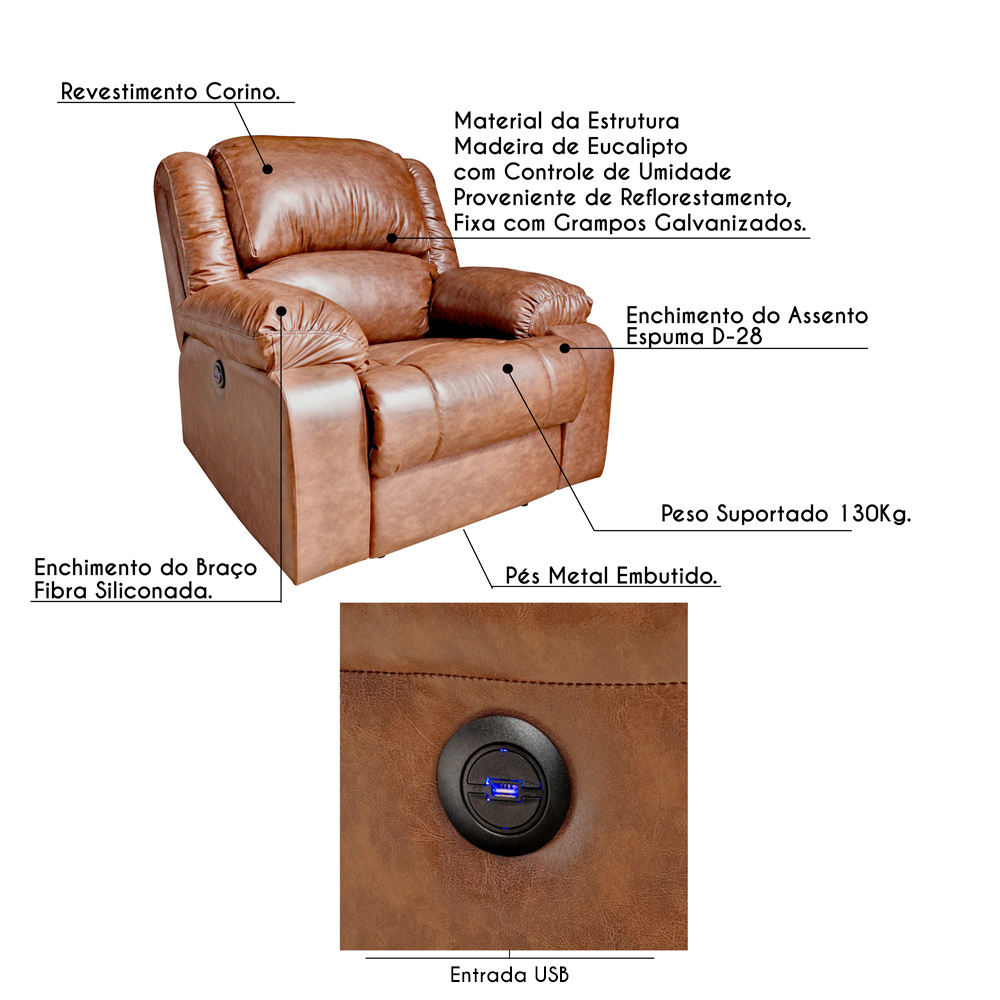 Poltrona do Papai Reclinável Elétrica com Entrada USB Magnum PU Sintético Marrom - Gran Belo