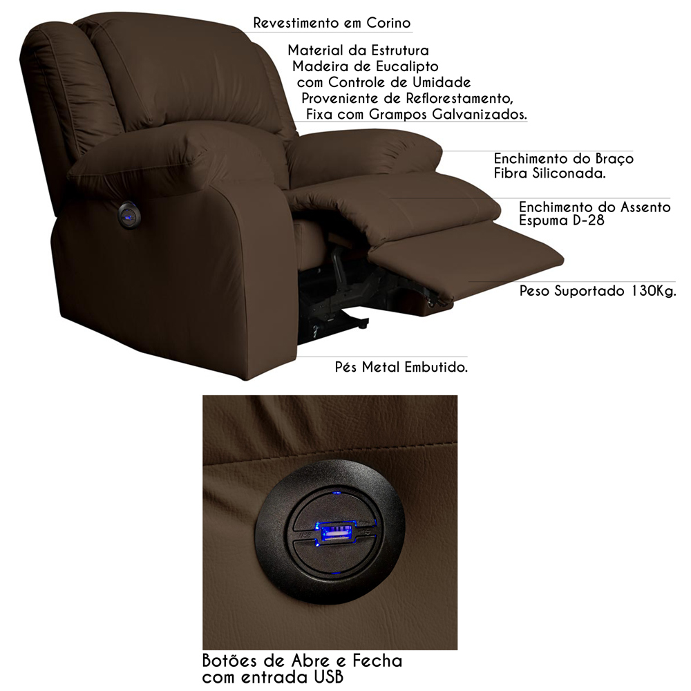 Poltrona do Papai Reclinável Elétrica com Entrada USB Magnum PU Sintético Marrom Fosco - Gran Belo