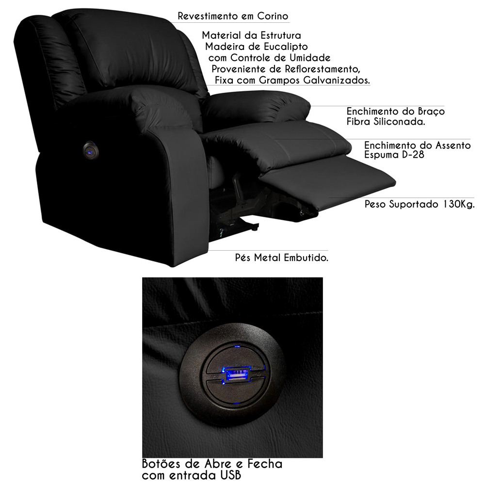 Poltrona do Papai Reclinável Elétrica com Entrada USB Magnum PU Sintético Preto G23 - Gran Belo