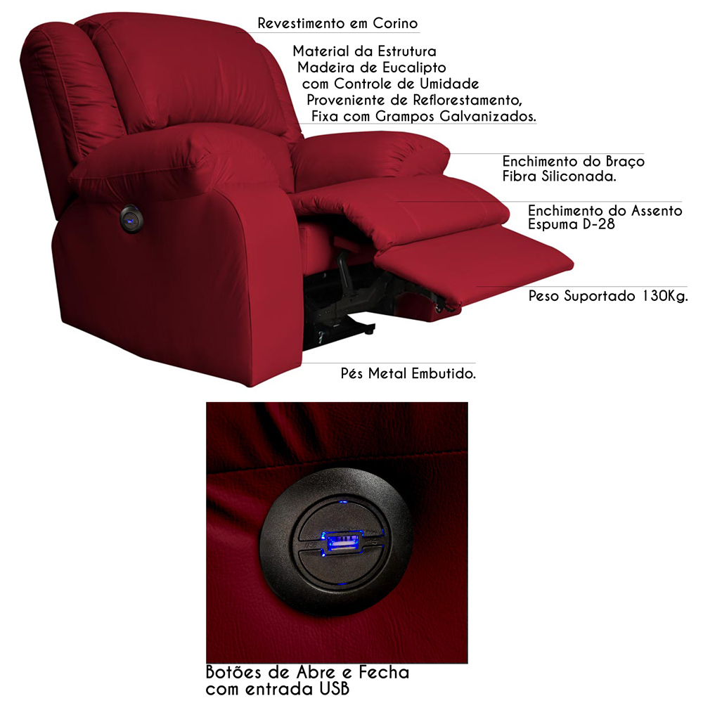 Poltrona do Papai Reclinável Elétrica com Entrada USB Magnum PU Sintético Vermelho G23 - Gran Belo